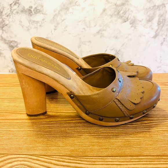 Enzo Angolini Brown Tan Leather Wood Heel Clogs Heels Pumps Size 9.5 - Picture 2 of 7